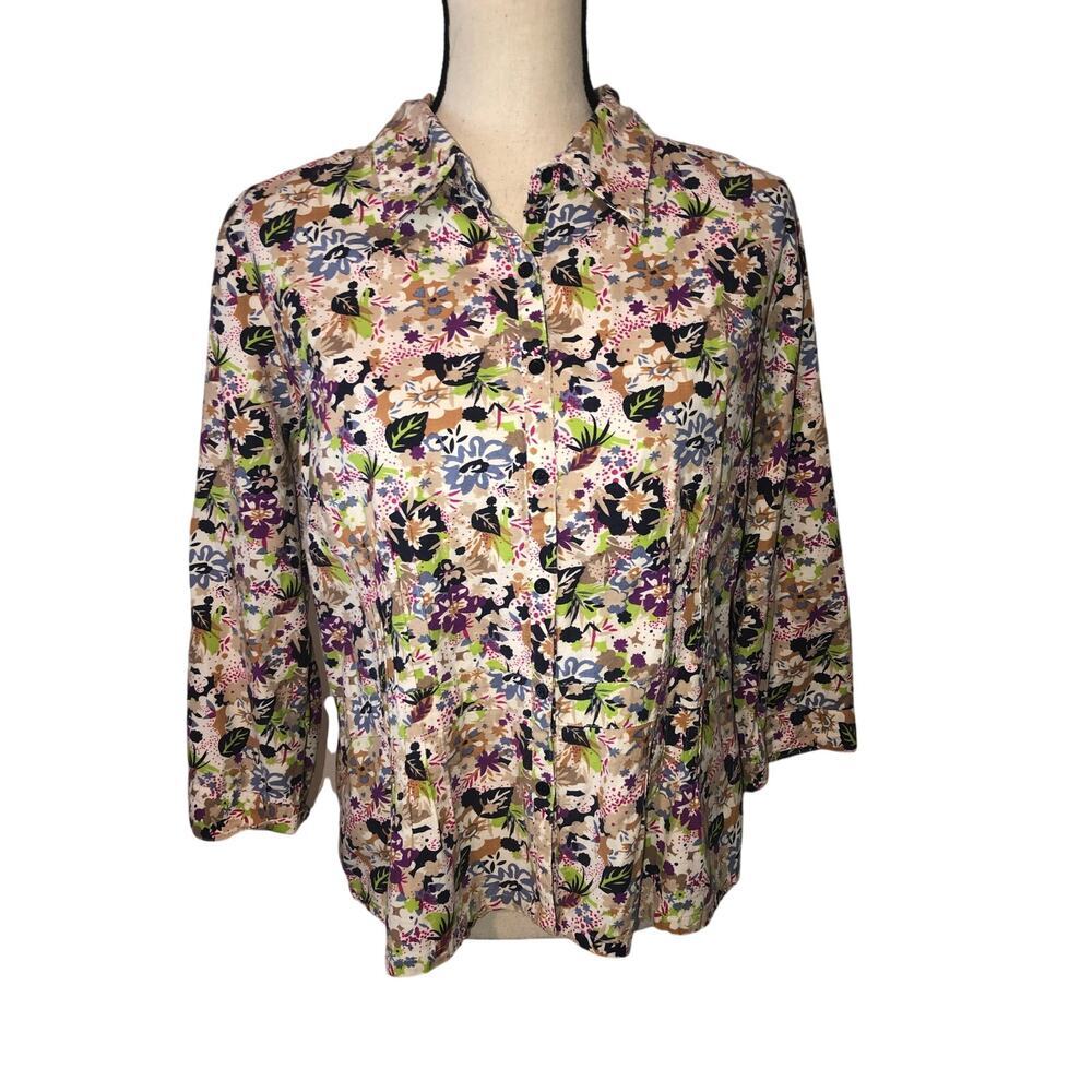 Christopher Banks Womens Floral Shirt Size XL Button Front Purple Green Button